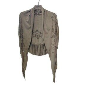 Curations Caravan Tan Faux Suede Laser Cut Fringe Wrap Shawl Studded Boho OS